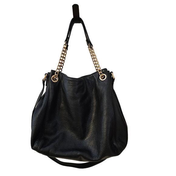 EUC Michael Kors Black Soft Leather Slouch/Hobo Bag with gold chain accents - Picture 1 of 8
